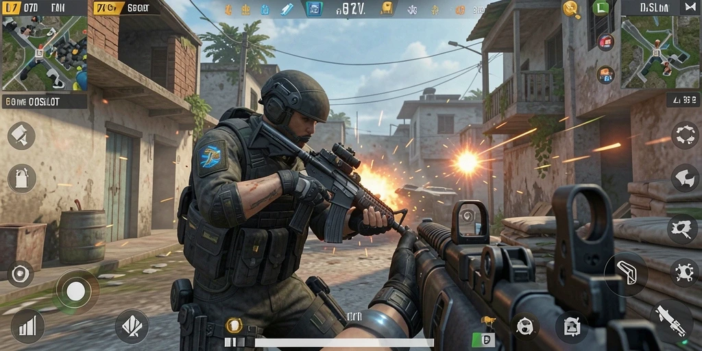 Screenshot gameplay 070SLOT menampilkan aksi pertempuran FPS yang mendebarkan.