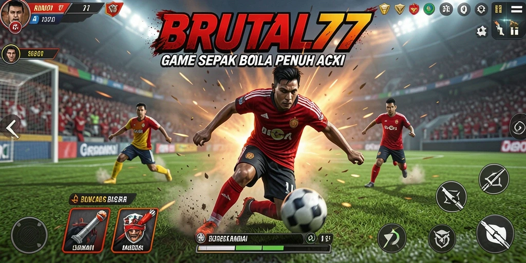 Screenshot menampilkan aksi penuh intens di lapangan sepak bola